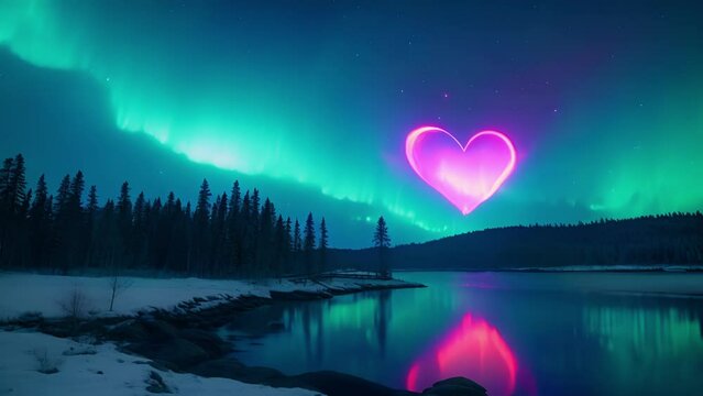 The sky is ablaze with a heartshaped aurora, a stunning reminder of the beauty and power of nature.