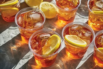 a group of cups of iced tea with lemons