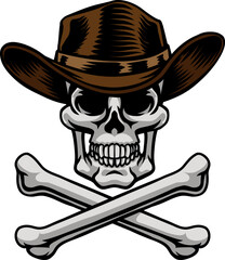 A cowboy grim reaper skull wearing a country or western style hat with pirate cross bones