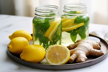 a plate of lemons and mint in mason jars - Powered by Adobe