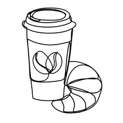 Coffee cup with croissant one line drawing 