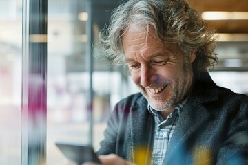 a man smiling at his phone