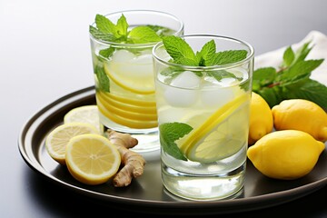 a pair of glasses with ice and lemons on a tray