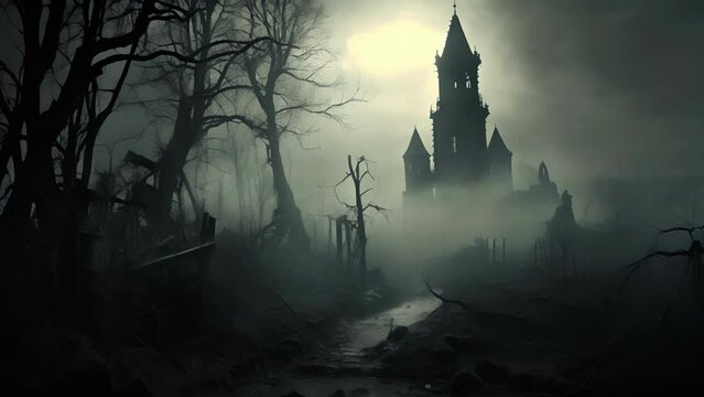An eerie fog clings to the sinister decrepit tower ly revealing its grotesque secrets lurking within.