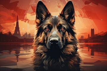 Striking 'ZANDAMOR' headline, a double exposure featuring a German Shepherd with a vivid London skyline at sunset, creating a captivating poster-style artwork. - obrazy, fototapety, plakaty