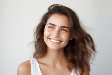 Naklejka premium Radiant smile young woman's portrait white background 