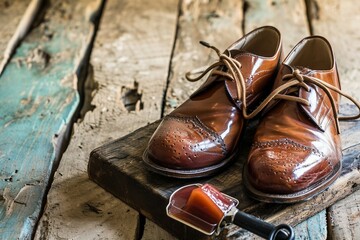 a pair of brown shoes and a scoop on a wood surface
