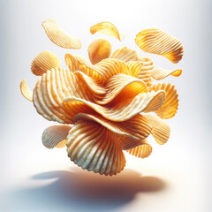 Hyper realistic potato chips floating in mid-air isolated on a white background