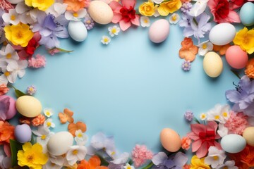 Naklejka na ściany i meble Easter Eggs and Flower Banner with Space and Baby Blue Background