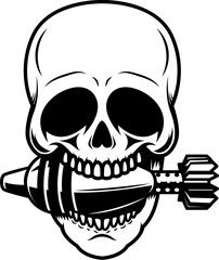 Illustration of a skull with mortar shell in his teeth. Design element for poster, emblem, sign, badge. Vector illustration