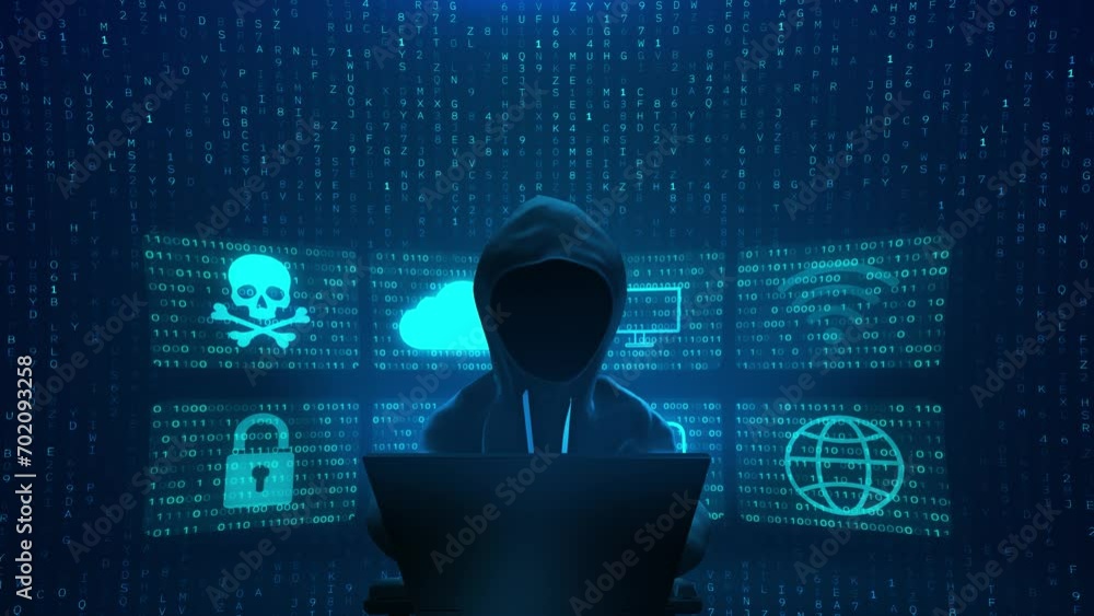 Aufkleber hooded hacker breaks data servers infects system virus in dark room hacker cyber war. 4k 3d data pro