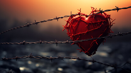 A red heart symbol wrapped in barbed wire fence. Valentines day and love concept.