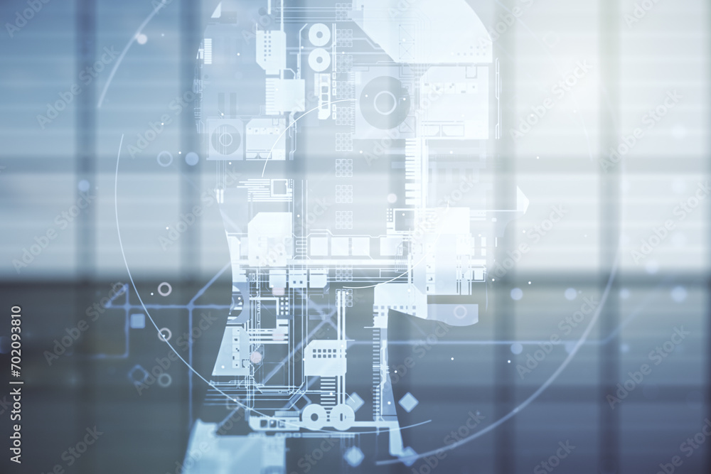 Aufkleber double exposure of creative artificial intelligence hologram on empty modern office background. neur