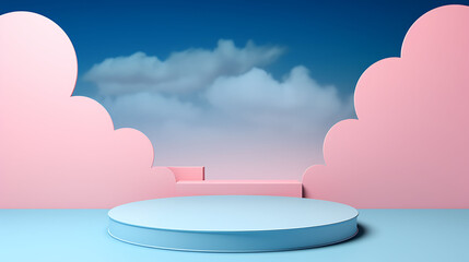 Blue background with a product podium surrounded by pink clouds.,