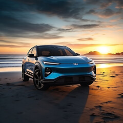Blue compact SUV car with sport and modern design parked on concrete road by sea beach at sunset....