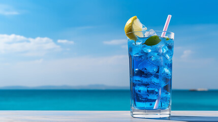 Blue Juice in a glass with blue sea and sky background