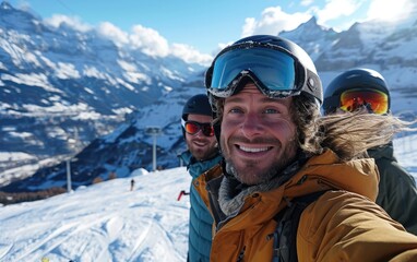 Fototapeta na wymiar skier man with friends with Ski goggles and Ski helmet on the snow mountain