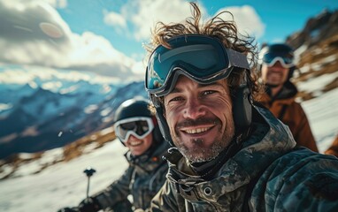 Fototapeta premium skier man with friends with Ski goggles and Ski helmet on the snow mountain