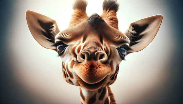 A close-up image of a giraffe staring directly at the camera,