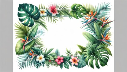 Fototapeta premium The image showcases a detailed watercolor illustration of a tropical floral frame with monstera leaves, hibiscus, and bird of paradise flowers, combining lush greenery with vibrant colors.