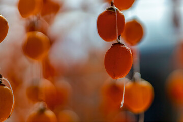 Dalat persimmon hanging in the wind, Dried persimmon is a favorite snack in Vietnam, China and...