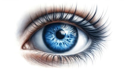 The image portrays an intricately detailed watercolor painting of a blue eye, with each lash and...