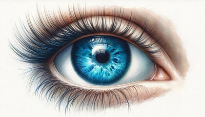 The image portrays an intricately detailed watercolor painting of a blue eye, with each lash and...