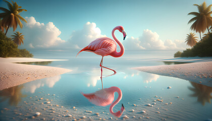 A flamingo standing gracefully in shallow waters on a beach. The flamingo is a vivid pink with long, 