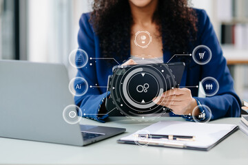 Digital marketing media in virtual screen.businesswนman hand working with mobile phone and modern...