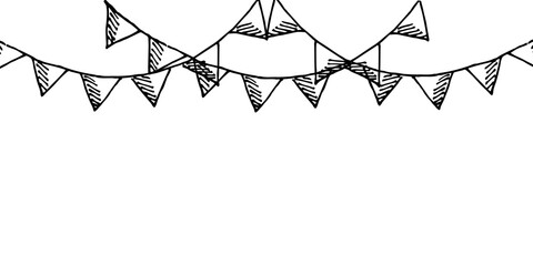 Festive Background with hand drawn Triangle Doodle Ribbons with Ribbon. Big horizontal Birthday poster. Festival banner. Vector illustration. Art with carnival element.