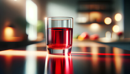 A clear drinking glass filled with a vibrant red liquid. The glass, with a simple yet elegant design, Generative AI