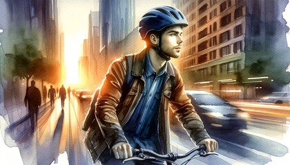 The image is a watercolor painting of a focused young man cycling in an urban setting, highlighted by the glowing backdrop of a city at dusk.