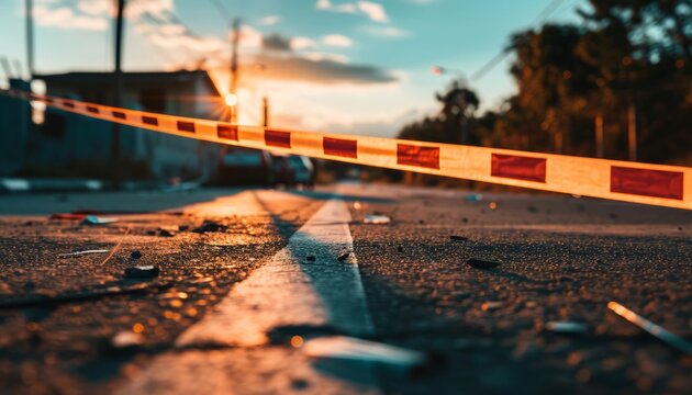 Sunset illuminates a roadblock scene marked with caution tape, signifying an emergency.