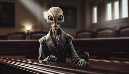 Judge humanoid alien in courtroom - obrazy, fototapety, plakaty