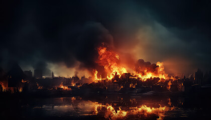 The city at night is engulfed in flames and fire and smoke are burning - obrazy, fototapety, plakaty
