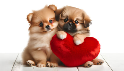 Cute puppies, Pomeranian mixed with Pekingese, sitting and hugging a red heart-shaped pillow, perfect for Valentine's Day, isolated on a transparent background, Generative AI