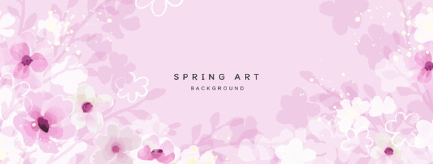 Fototapeta na wymiar Pink spring floral artistic background. Cherry blossoms. Wallpaper in watercolor style with blooming branches, flowers and leaves. Vector abstract pastel background for banner, poster, web, packaging