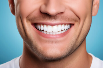 Fototapeta premium Beautiful smile of a young man on a blue background close-up