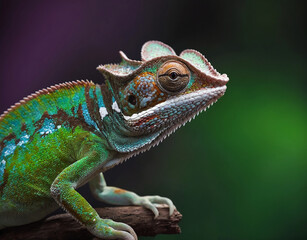 Fototapeta premium Close up of a colored chameleon on branch of tree on dark background. Generative Ai