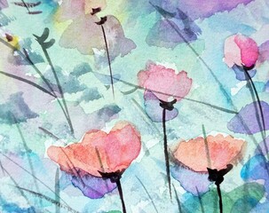 Art painting Hand drawn Watercolor Flowers in garden from thailand	