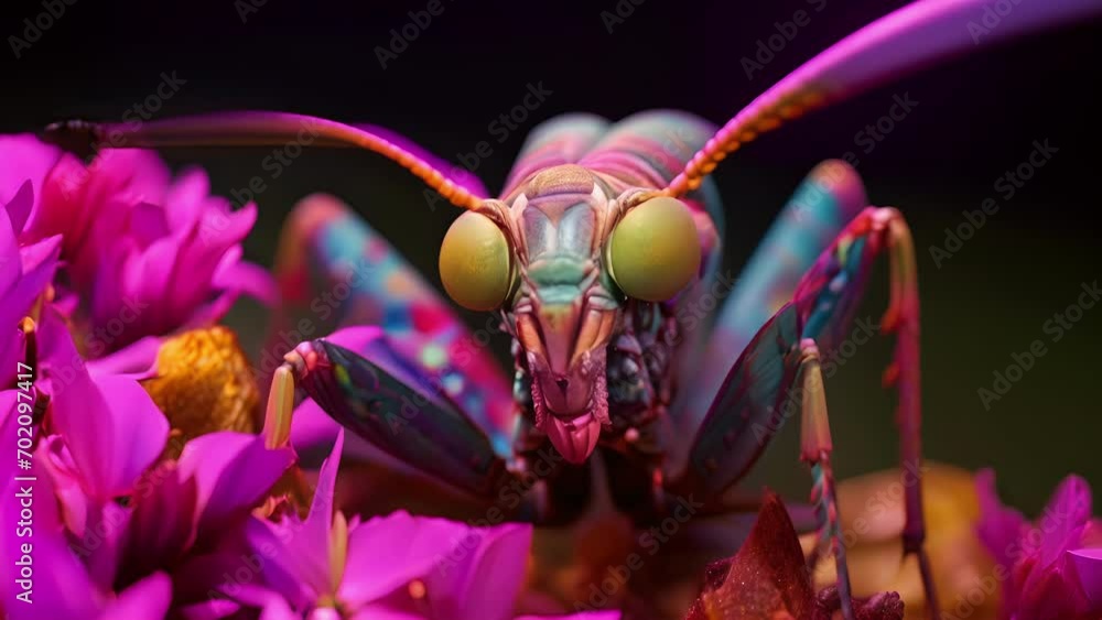 Poster a striking macro of a flower mantis, showcasing its remarkable mimicry of a beautiful flower in orde