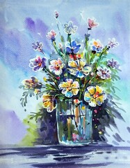 art watercolor painting  flower in vase