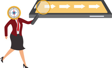 Directional Sign, Telephone, Discovery, Navigational Compass, Loupe, Magnifying Glass, Businesswoman