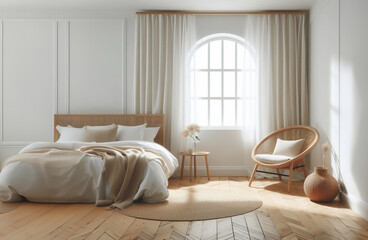 Minimalist Natural Neutral Color Bedroom with Rattan Chair., Bed, Small Table, Sheer Curtains, Window. Natural Colors Brown, Beige, White, Cream. Wood Floor.