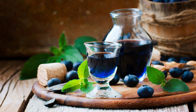 Traditional sardinian liqueur with mirto, selective focus