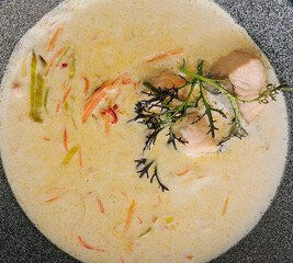 Salmon soup. creamy hearty salmon fish soup