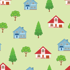 Houses and trees on a green background. Vector seamless pattern. Cartoon flat illustration of country cottages.