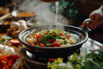 Resturaunt style Hotpot on a stove cooking food