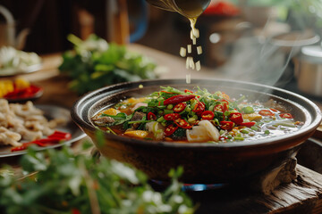 Resturaunt style Hotpot on a stove cooking food