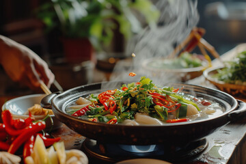 Resturaunt style Hotpot on a stove cooking food
